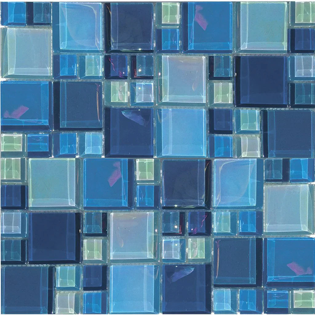 Aquatica Blue Bazaar random size iridescent glass mosaic, Lux Aqua Collection