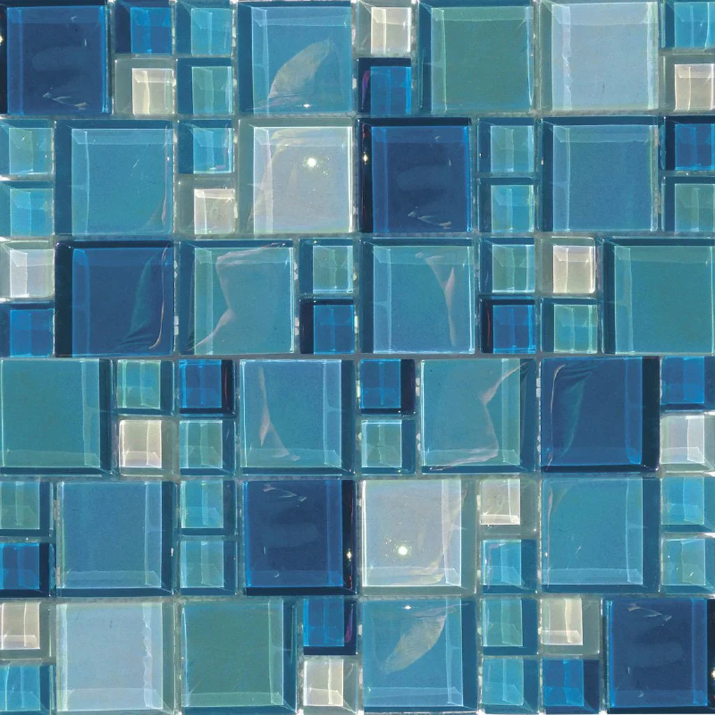 Aquatica Shimmer random size iridescent glass mosaic, Lux Aqua Collection