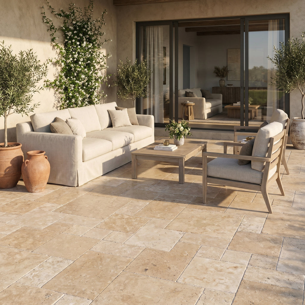Aspendos tumbled travertine pavers, natural finish