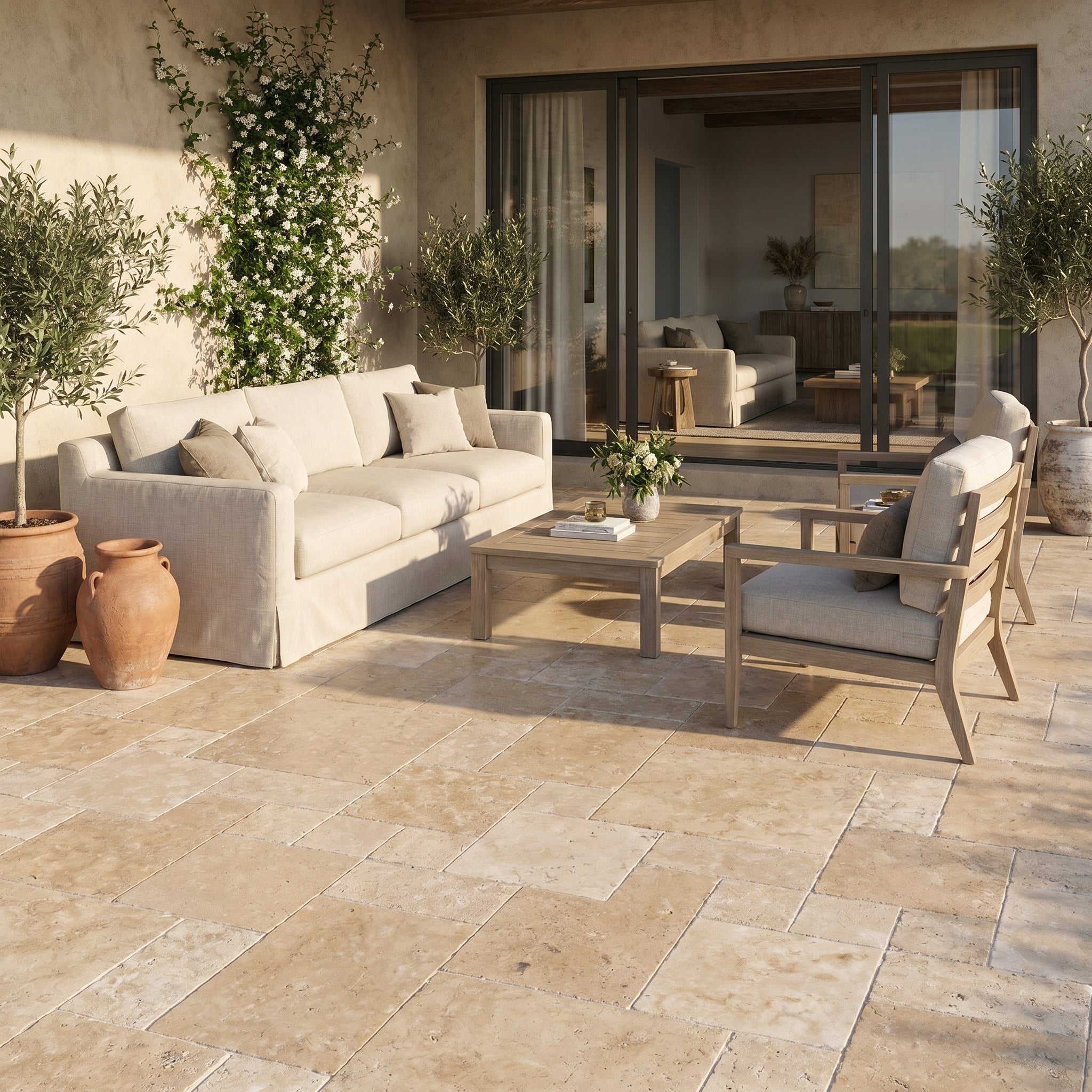 Aspendos tumbled travertine pavers, natural finish