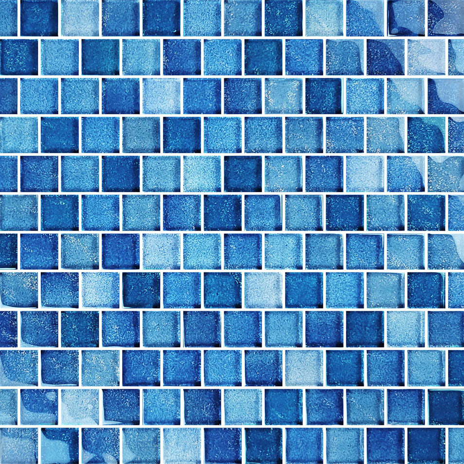 Crystal Waters Series Glass Bullnose Trim (per Linear Ft) – shown with matching Gulf Stream field tile