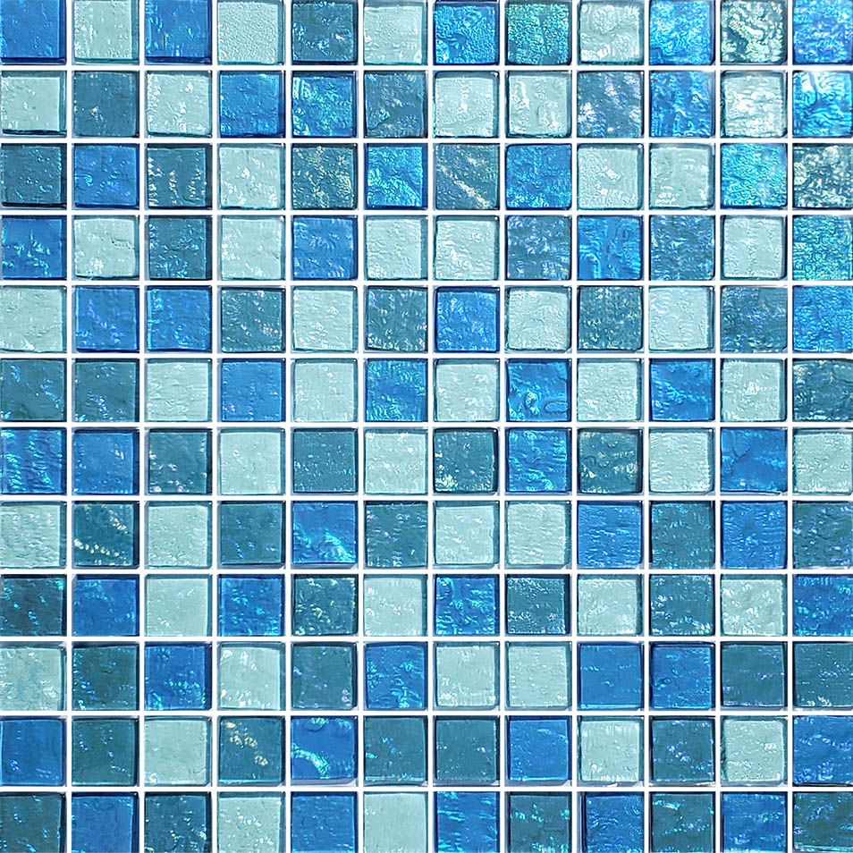 Galaxy Series Glass Bullnose Trim (per Linear Ft) – shown with matching Blue Blend field tile
