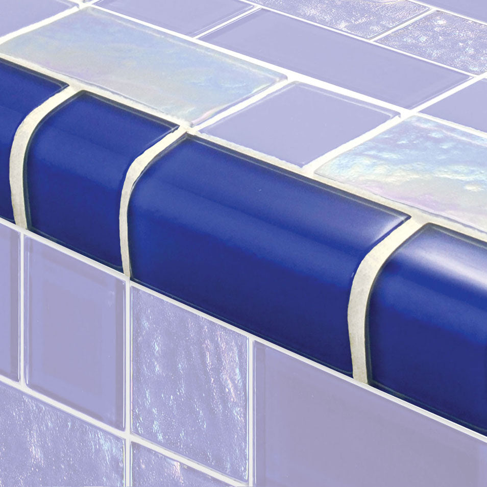 Twilight Series Glass Bullnose Trim (per Linear Ft) – Royal Blue / Mixed Pattern