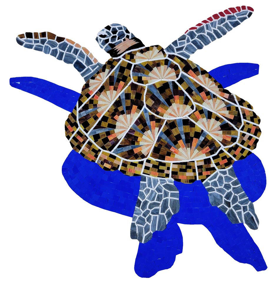 Loggerhead Turtle with Shadow Glass Pool Mosaic – 28" x 29"