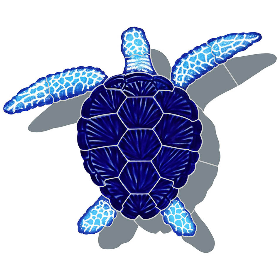 Loggerhead Turtle with Shadow Porcelain Pool Mosaic – Blue / 9" x 10"