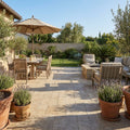 Meandros walnut travertine pattern pavers, tumbled finish