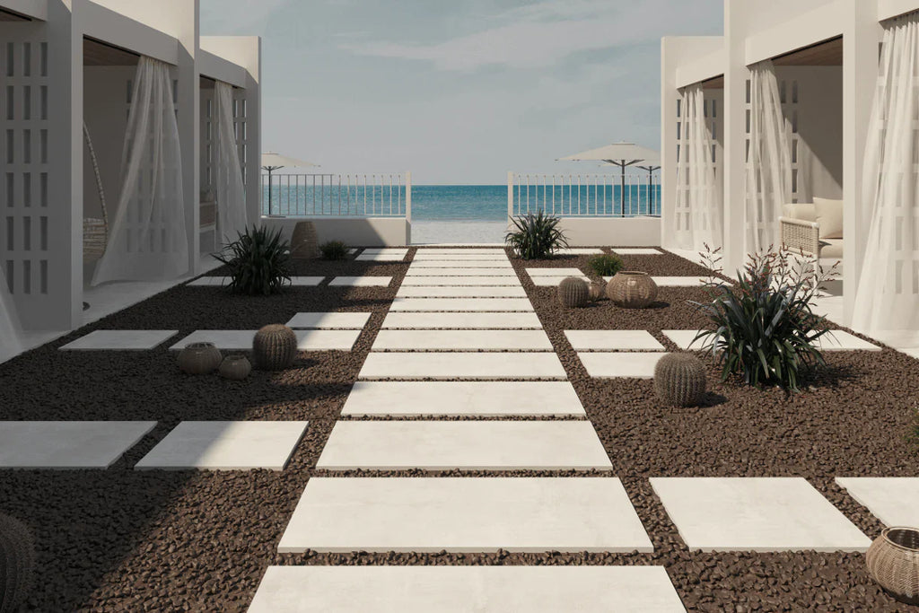 Nexos White outdoor porcelain pavers 24x24, matte anti-slip finish