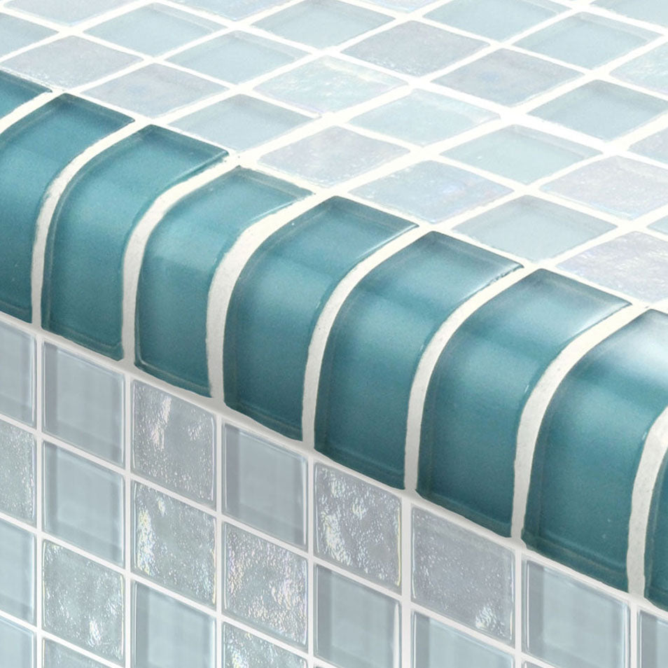 Twilight Series Glass Bullnose Trim (per Linear Ft) – Turquoise / 1"x2" Pattern