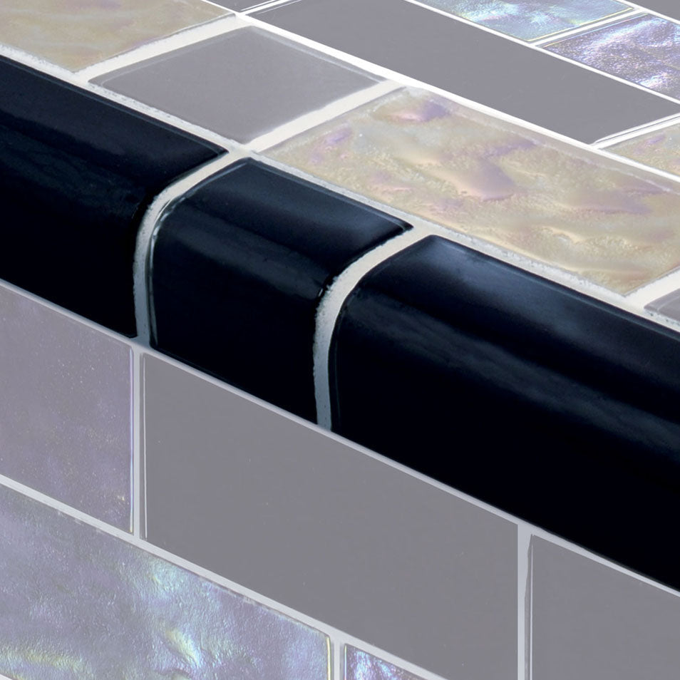 Twilight Series Glass Bullnose Trim (per Linear Ft) – Black / Mixed Pattern