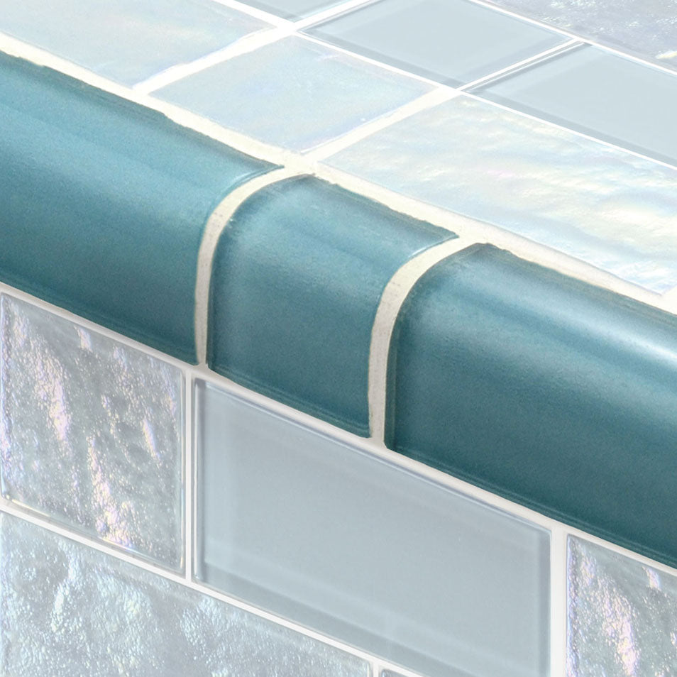 Twilight Series Glass Bullnose Trim (per Linear Ft) – Turquoise / Mixed Pattern
