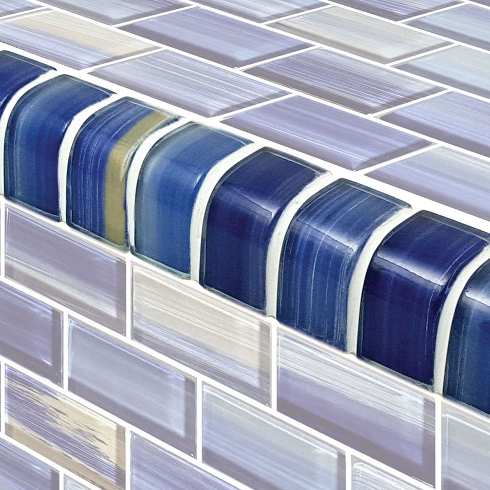 Watercolors Series Glass Bullnose Trim (per Linear Ft) – Blue Blend / 1"x2" Pattern