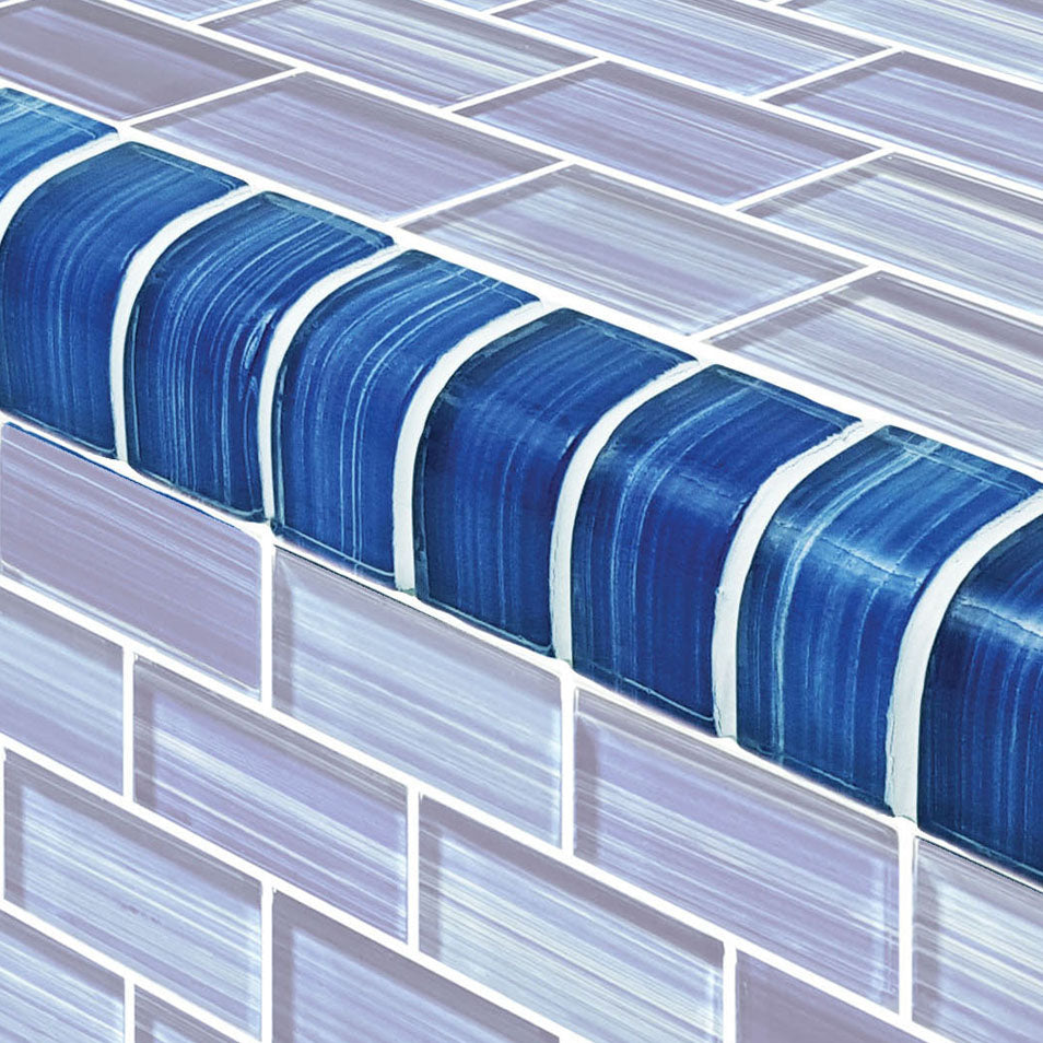 Watercolors Series Glass Bullnose Trim (per Linear Ft) – Caribbean Blue Blend / 1"x2" Pattern