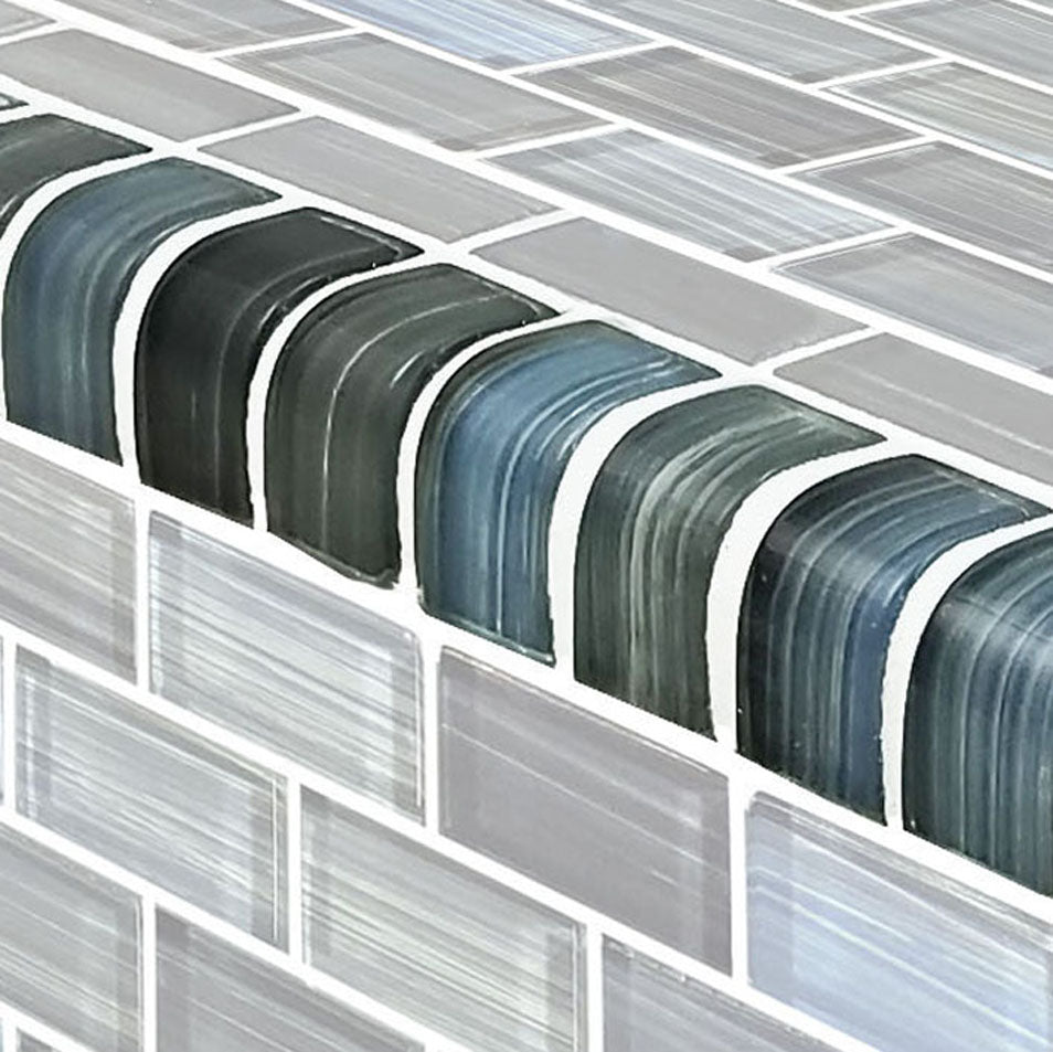 Watercolors Series Glass Bullnose Trim (per Linear Ft) – Steel Blue Gray Blend / 1"x2" Pattern