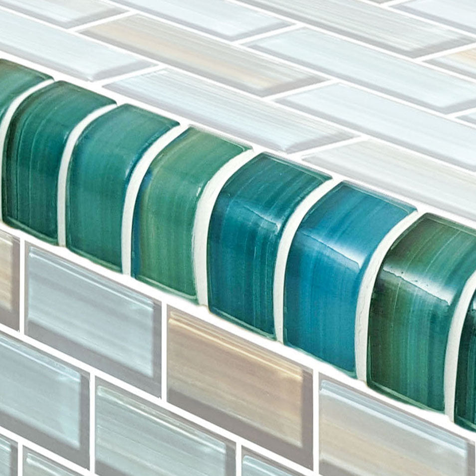 Watercolors Series Glass Bullnose Trim (per Linear Ft) – Aqua Blend / 1"x2" Pattern