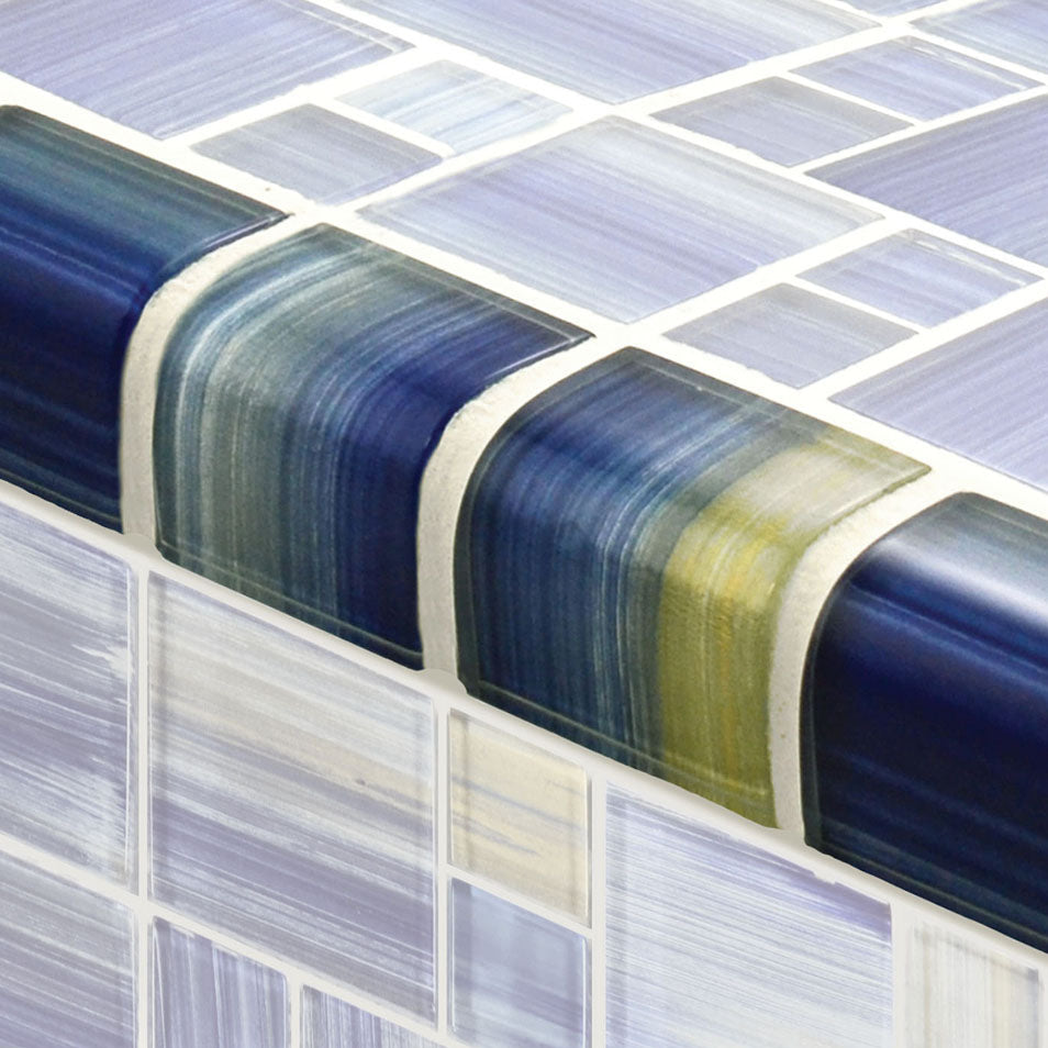Watercolors Series Glass Bullnose Trim (per Linear Ft) – Blue Blend / Mixed Pattern