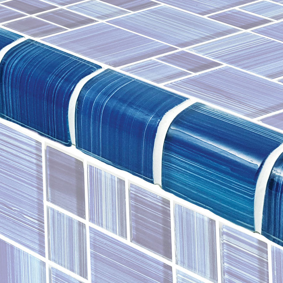 Watercolors Series Glass Bullnose Trim (per Linear Ft) – Caribbean Blue Blend / Mixed Pattern