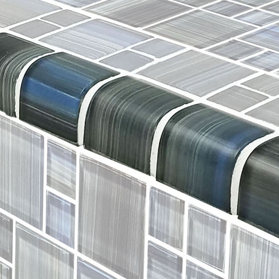 Watercolors Series Glass Bullnose Trim (per Linear Ft) – Steel Blue Gray Blend / Mixed Pattern