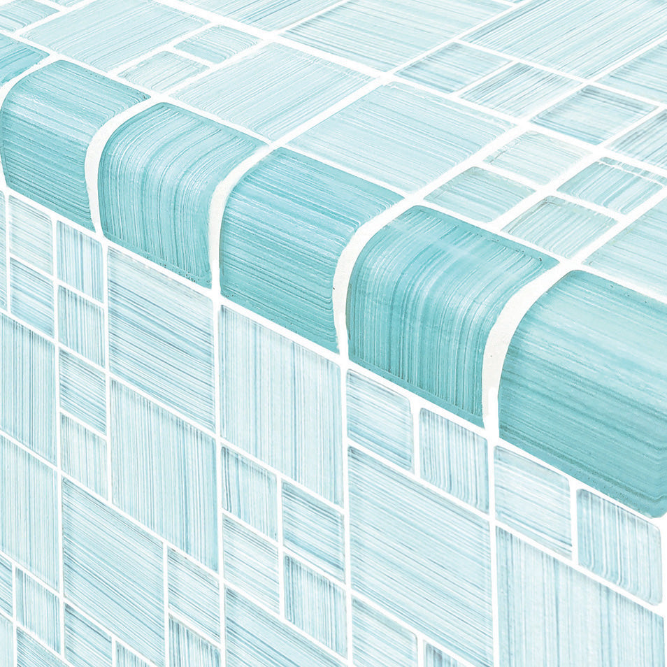Watercolors Series Glass Bullnose Trim (per Linear Ft) – Seafoam Blend / Mixed Pattern