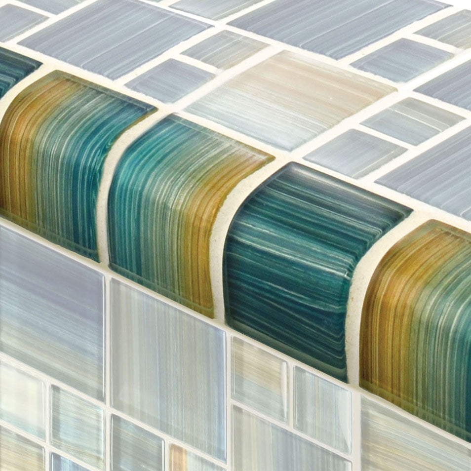 Watercolors Series Glass Bullnose Trim (per Linear Ft) – Aqua Blend / Mixed Pattern