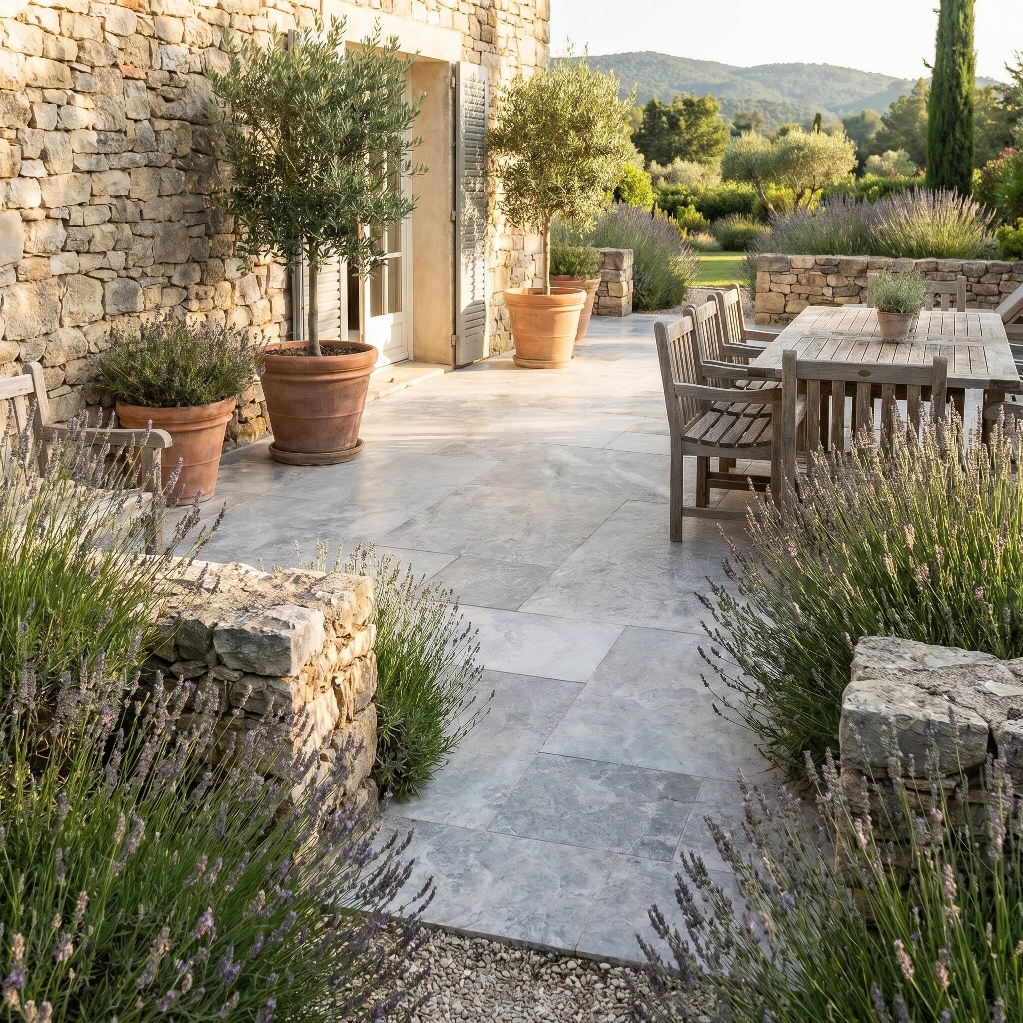 Talya Gray marble leathered pavers, French pattern set