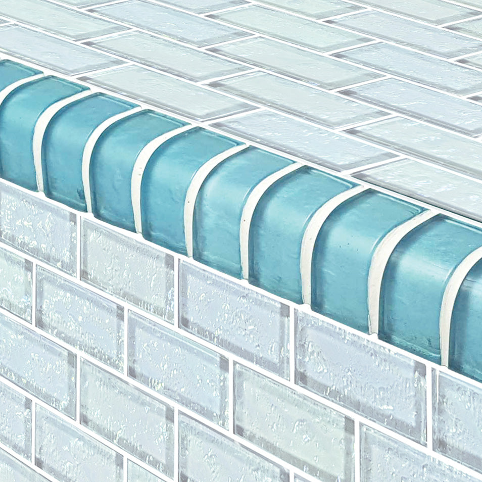Galaxy Series Glass Bullnose Trim (per Linear Ft) – Aquamarine / 1"x2" Pattern